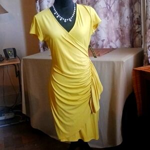 New York & Company Yellow Asymmetrical Ruched Dress